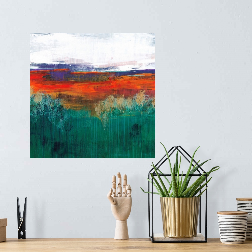 A bohemian room featuring Square abstract painting in textured colors of green, orange, red and gray.