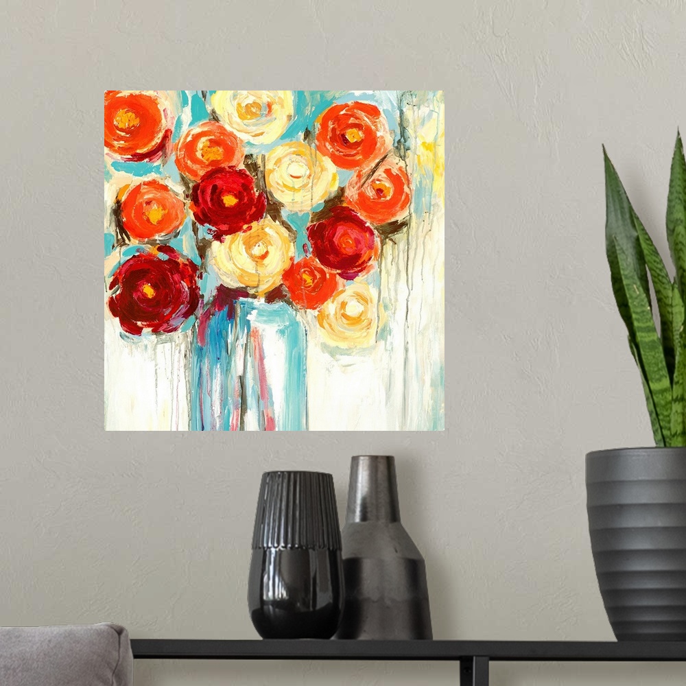 A modern room featuring A complementary painting of a large vase of bright orange, red and yellow flowers in textured and...