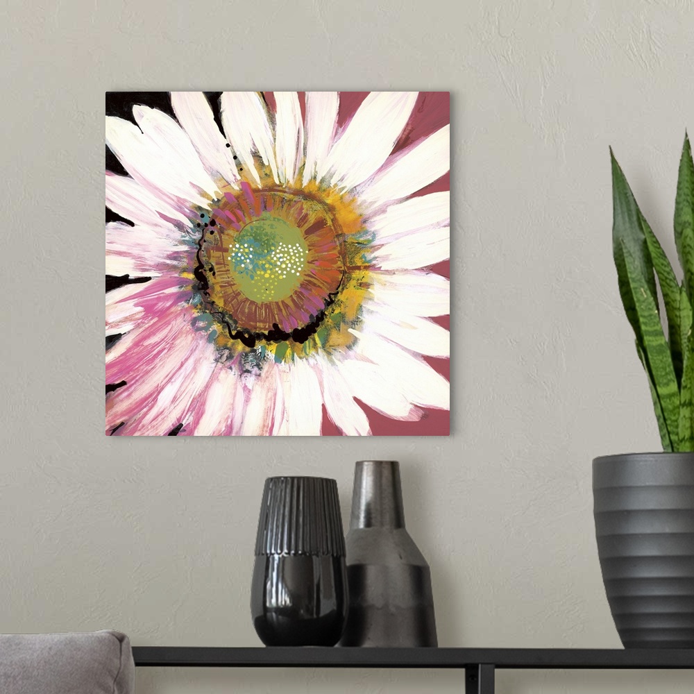 A modern room featuring Square contemporary painting of a large blooming flower with textured colors of pink, yellow and ...