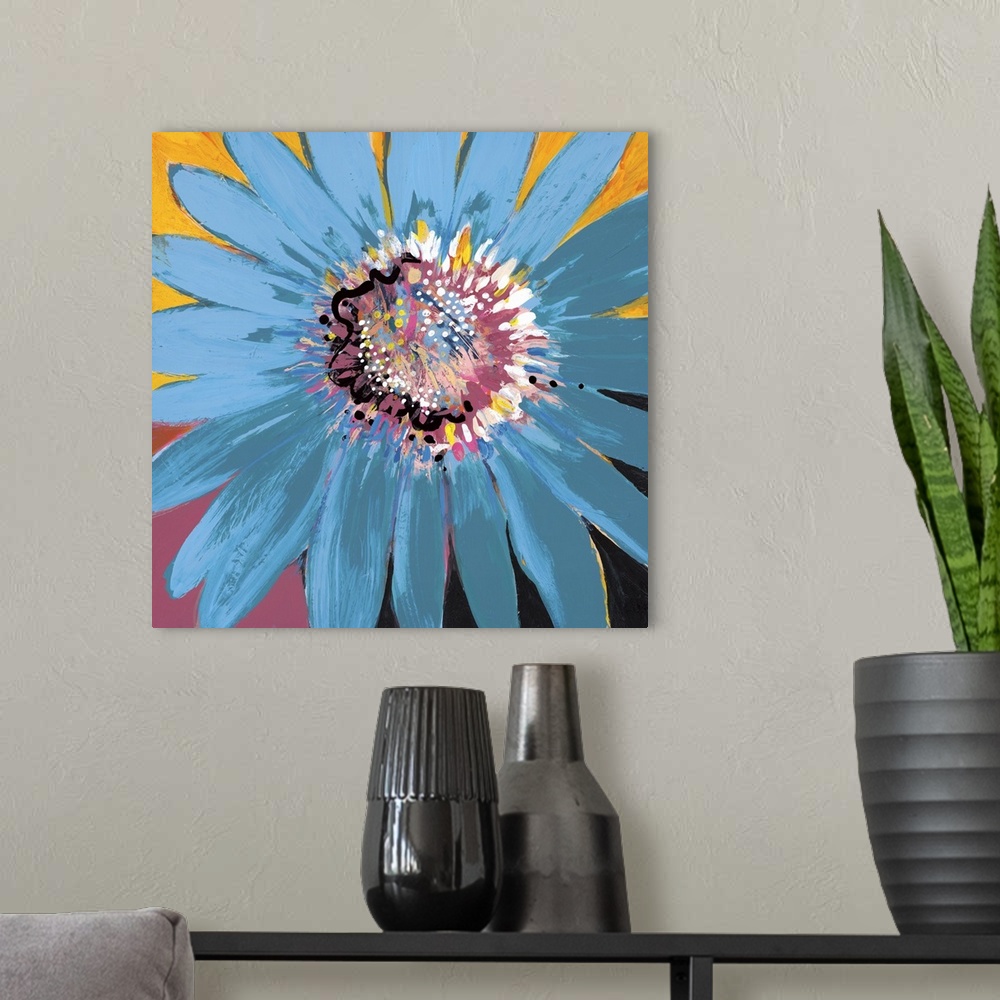 A modern room featuring Square contemporary painting of a large blooming flower with textured colors of pink, yellow and ...