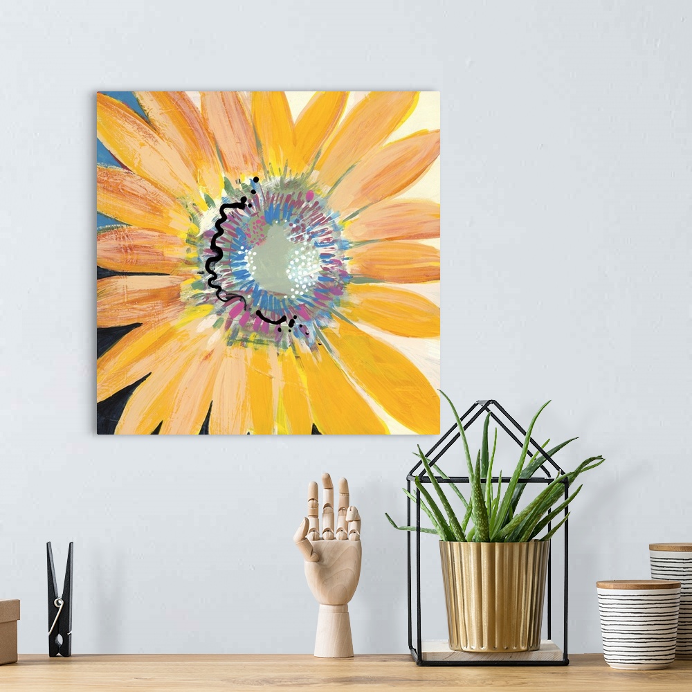 A bohemian room featuring Square contemporary painting of a large blooming flower with textured colors of pink, yellow and ...