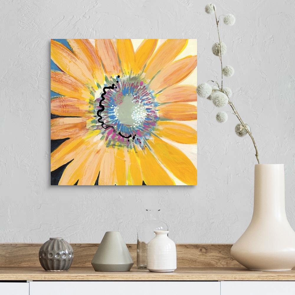 A farmhouse room featuring Square contemporary painting of a large blooming flower with textured colors of pink, yellow and ...