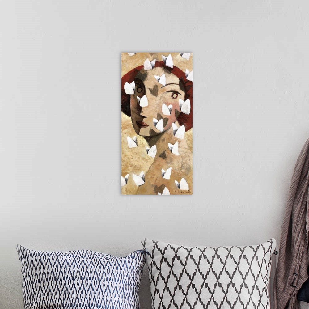A bohemian room featuring A vertical portrait of a woman looking over her shoulder with white butterflies flying around her...
