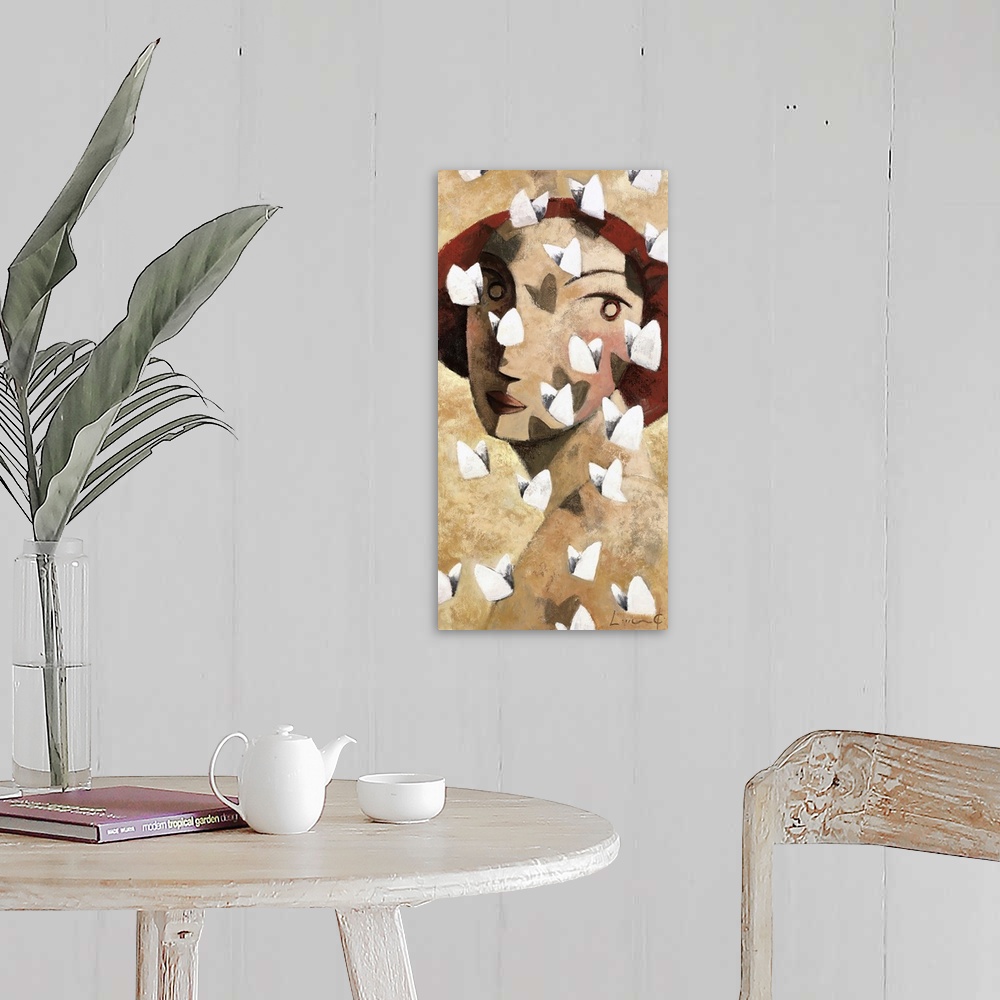 A farmhouse room featuring A vertical portrait of a woman looking over her shoulder with white butterflies flying around her...