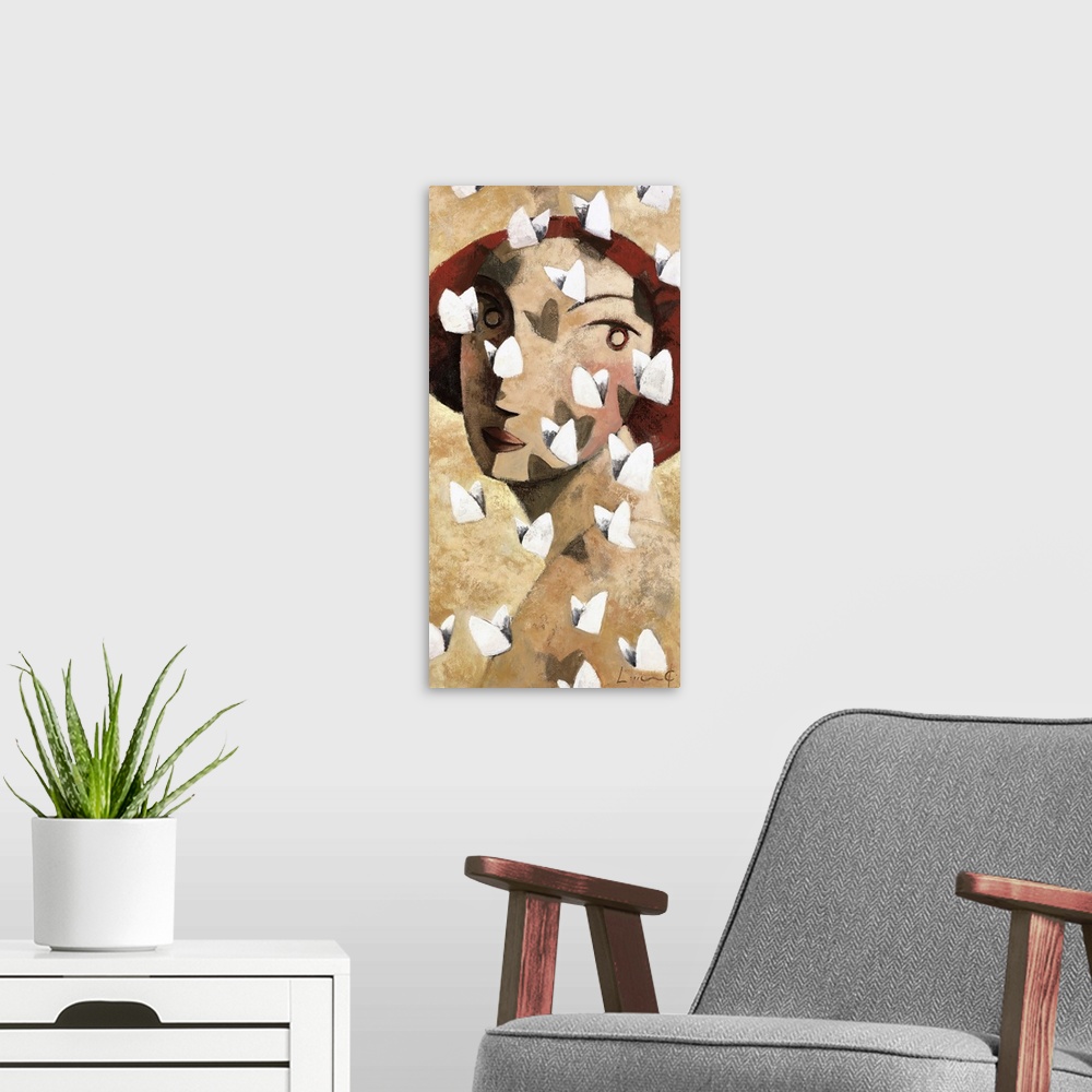 A modern room featuring A vertical portrait of a woman looking over her shoulder with white butterflies flying around her...
