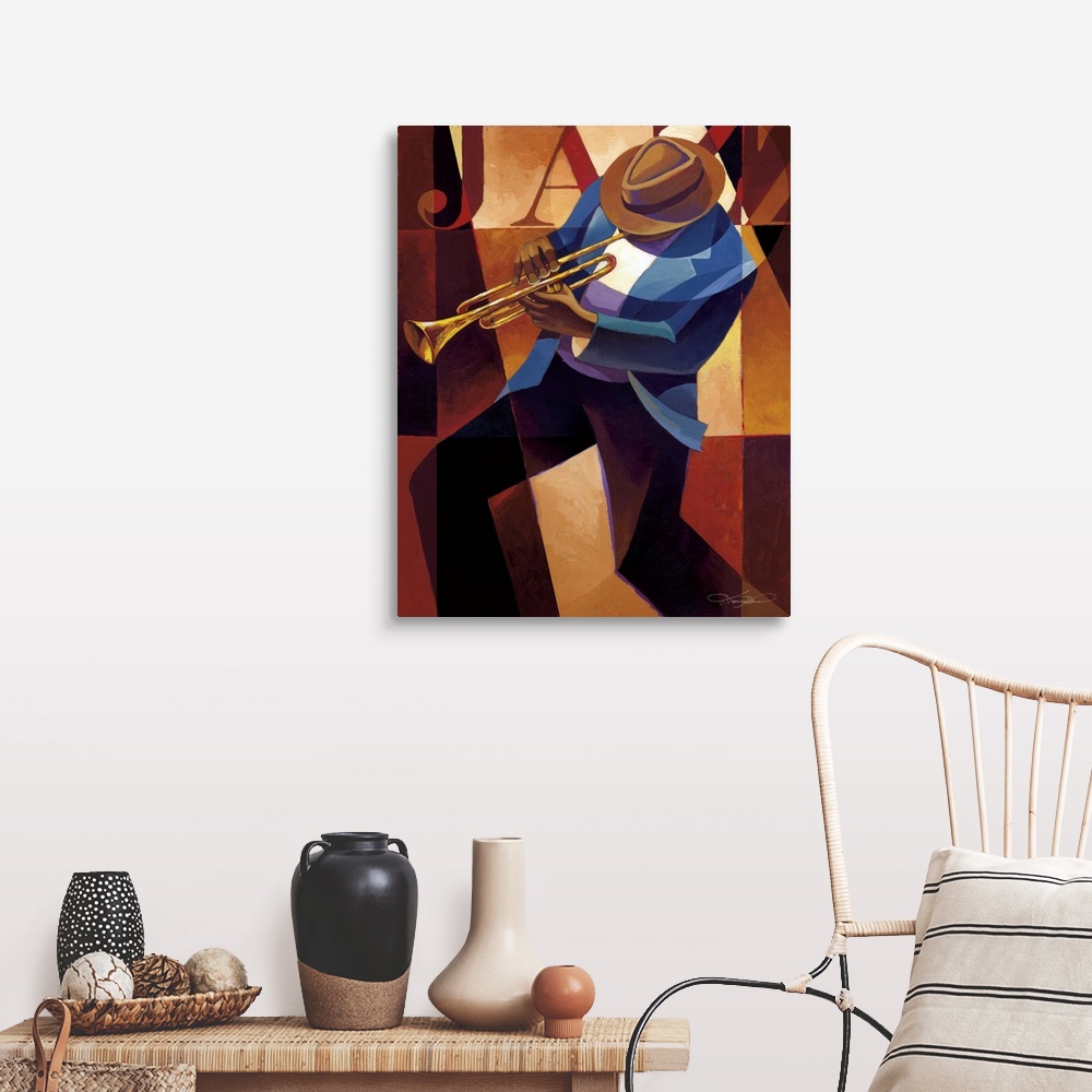 A farmhouse room featuring Contemporary painting of a jazz musician playing the trumpet.