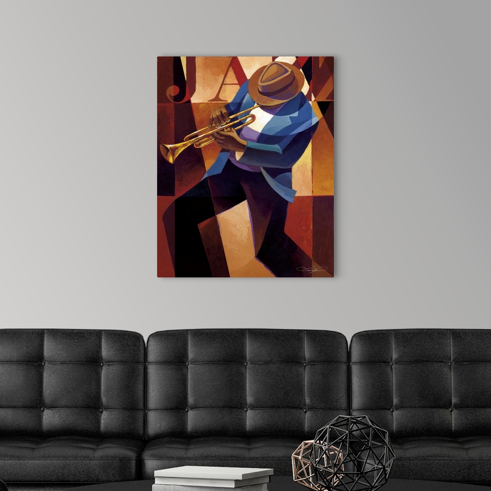 A modern room featuring Contemporary painting of a jazz musician playing the trumpet.