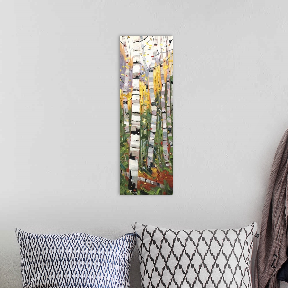 A bohemian room featuring A colorful vertical painting of a forest of birch trees with vibrant colors of yellow, purple and...