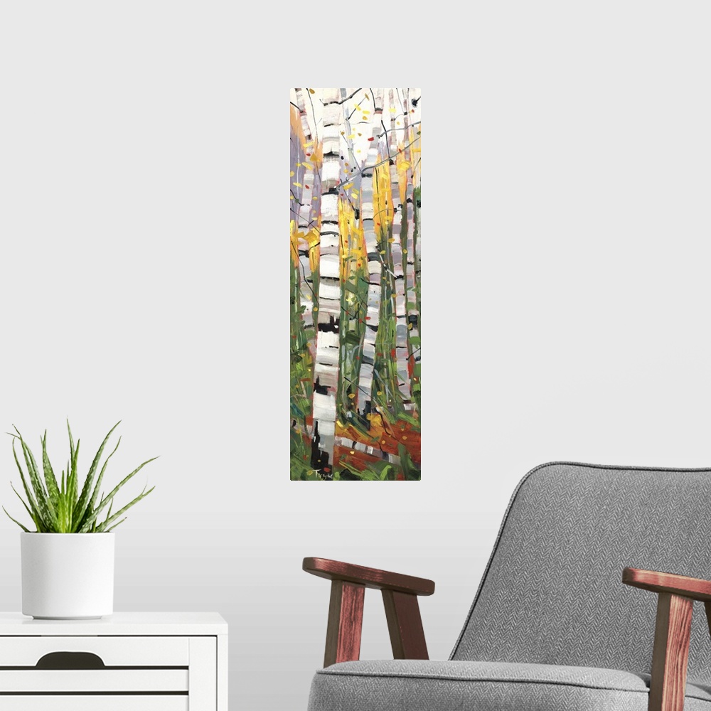 A modern room featuring A colorful vertical painting of a forest of birch trees with vibrant colors of yellow, purple and...