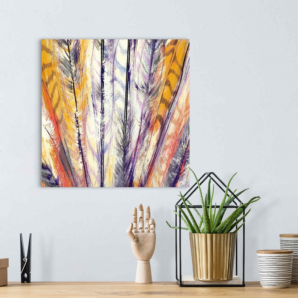 A bohemian room featuring A colorful painting of a bunch of bird feathers.