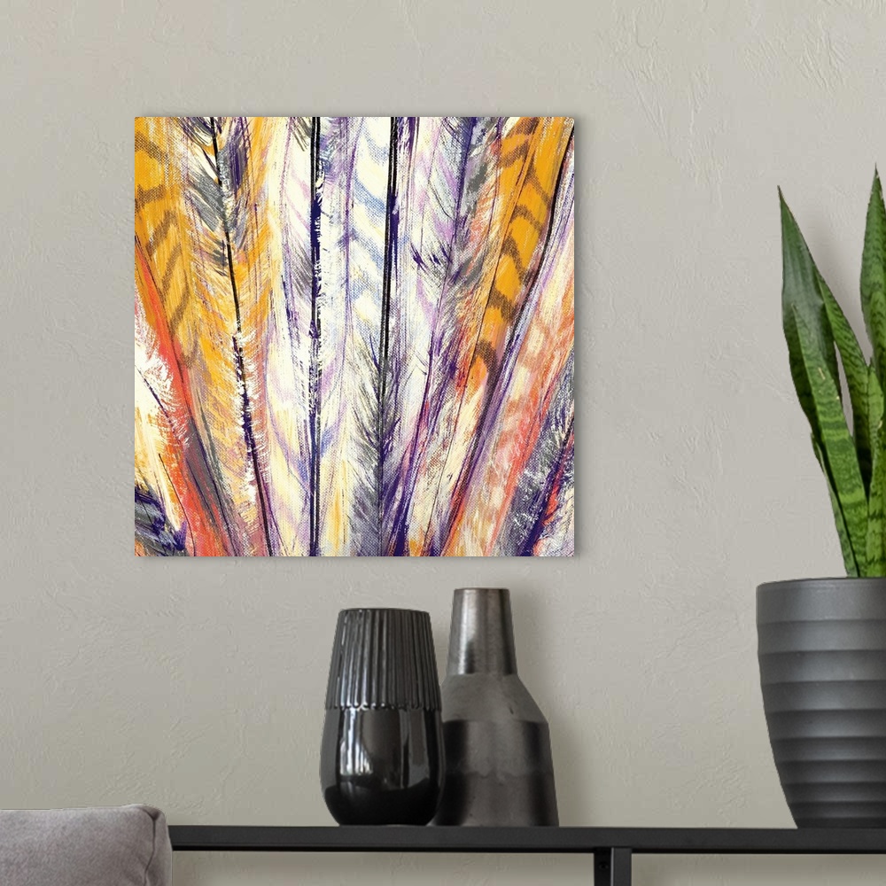 A modern room featuring A colorful painting of a bunch of bird feathers.