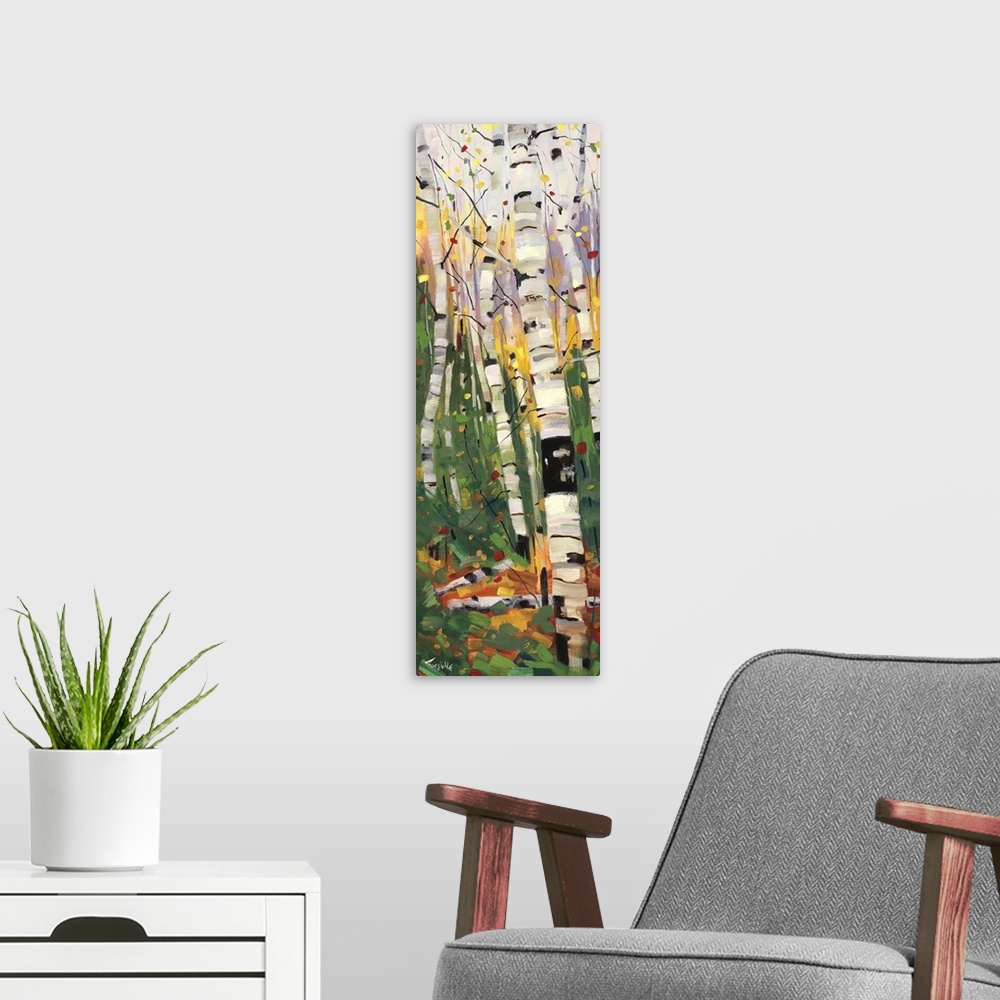 A modern room featuring A colorful vertical painting of a forest of birch trees with vibrant colors of yellow, purple and...