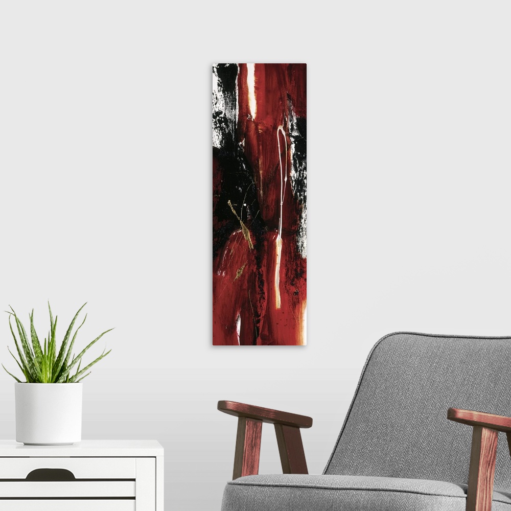 A modern room featuring A long vertical abstract in colors of black, red and white with drips of paint and gold accents.