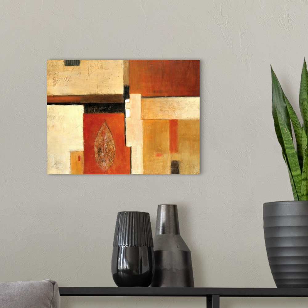 A modern room featuring Abstract painting of squared shapes overlapped with a leaf design, all done in earth tones.