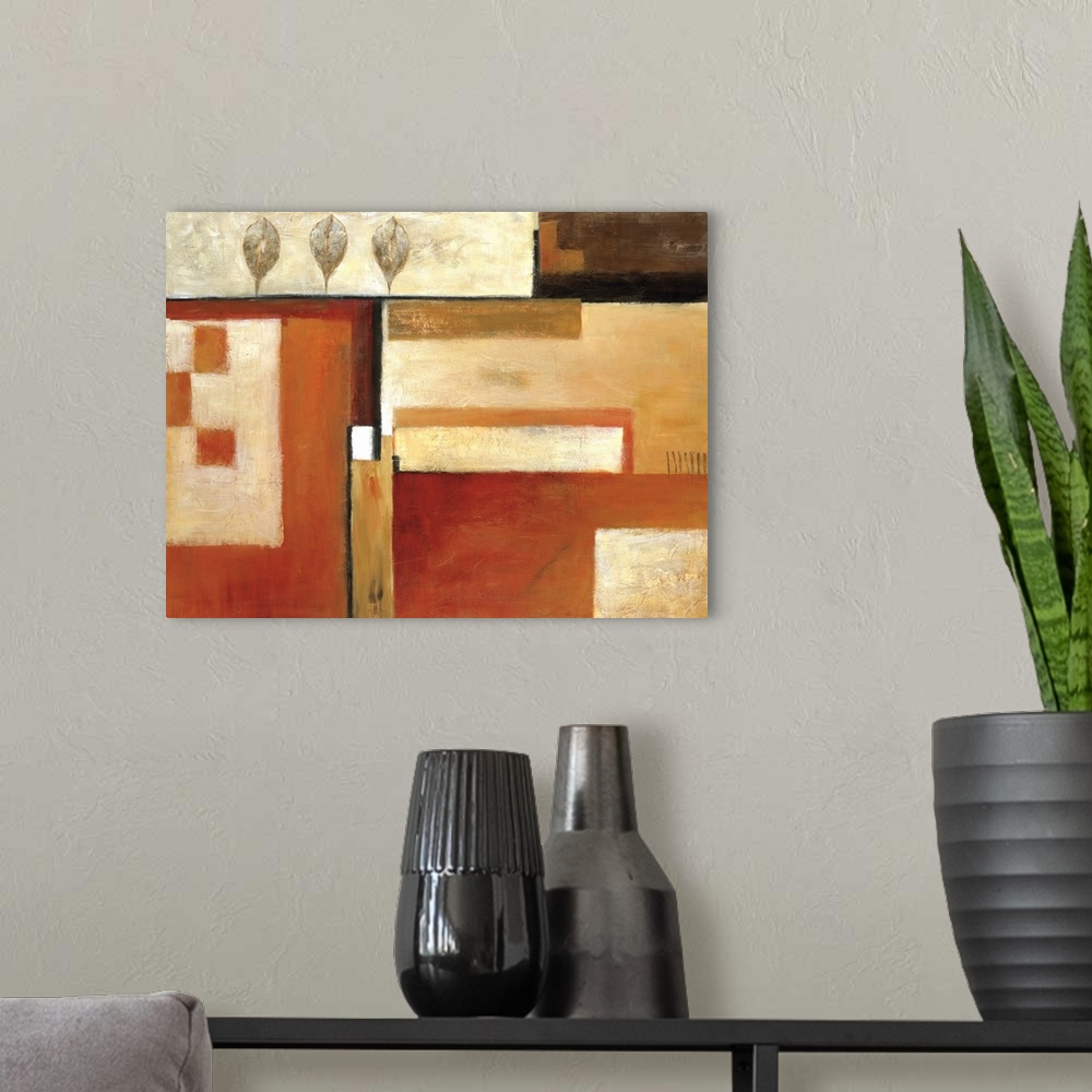 A modern room featuring Abstract painting of squared shapes overlapped with a row of leaves, all done in earth tones.