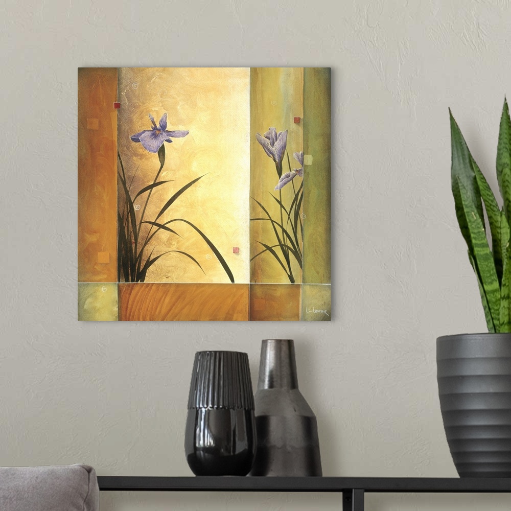 A modern room featuring A contemporary painting of purple irises with a square grid design.