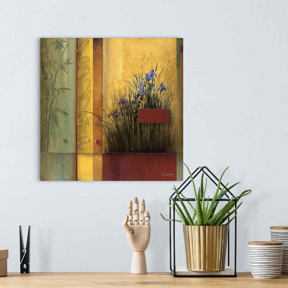 A bohemian room featuring A contemporary Asian theme painting with irises and a square grid design.
