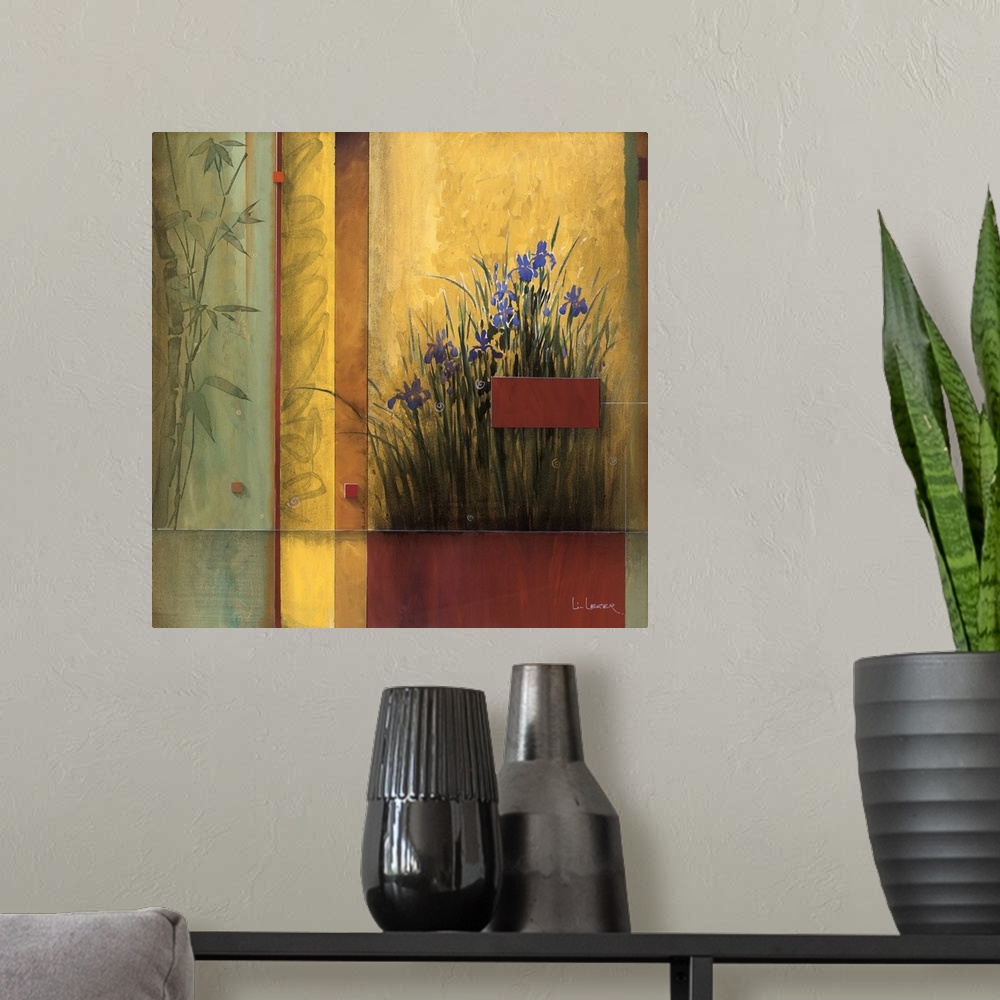 A modern room featuring A contemporary Asian theme painting with irises and a square grid design.
