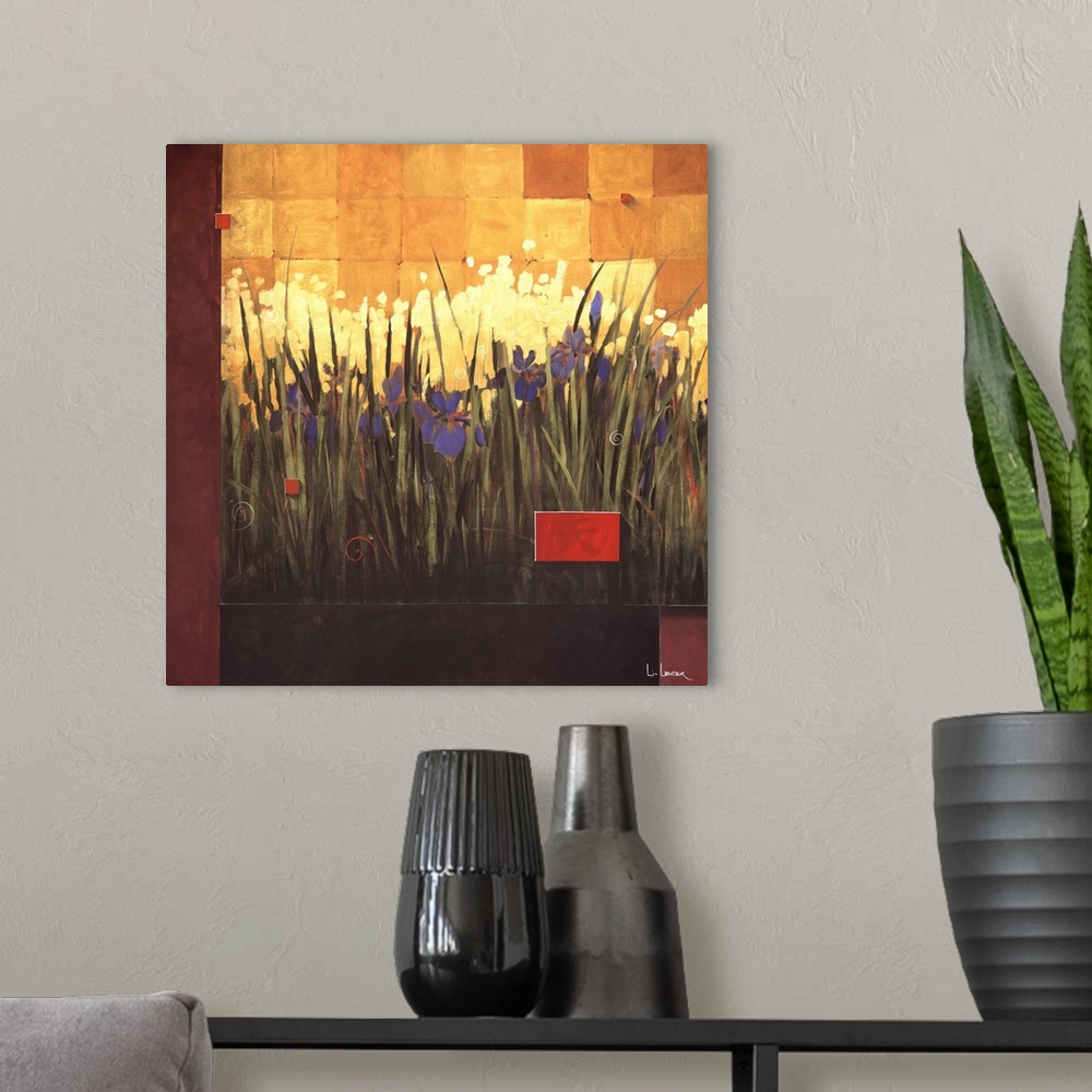 A modern room featuring A contemporary painting of a garden of purple irises bordered with a square grid design.