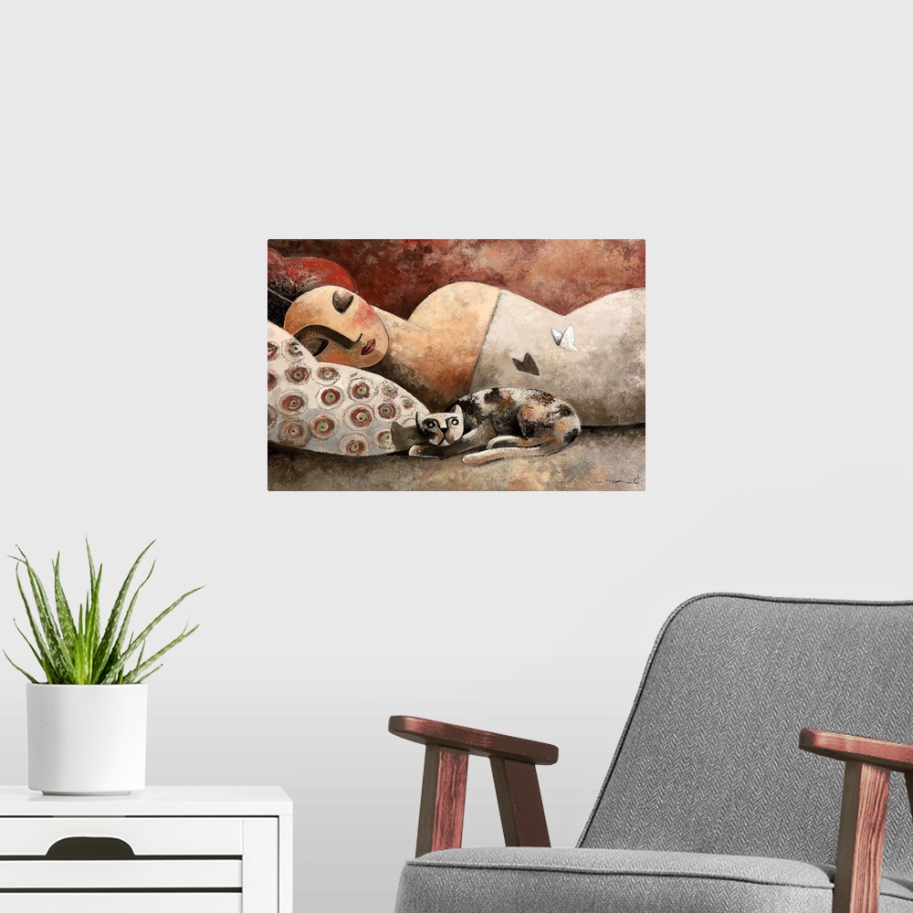 A modern room featuring A horizontal portrait of a woman laying in bed with a cat while a butterfly flies above, painted ...