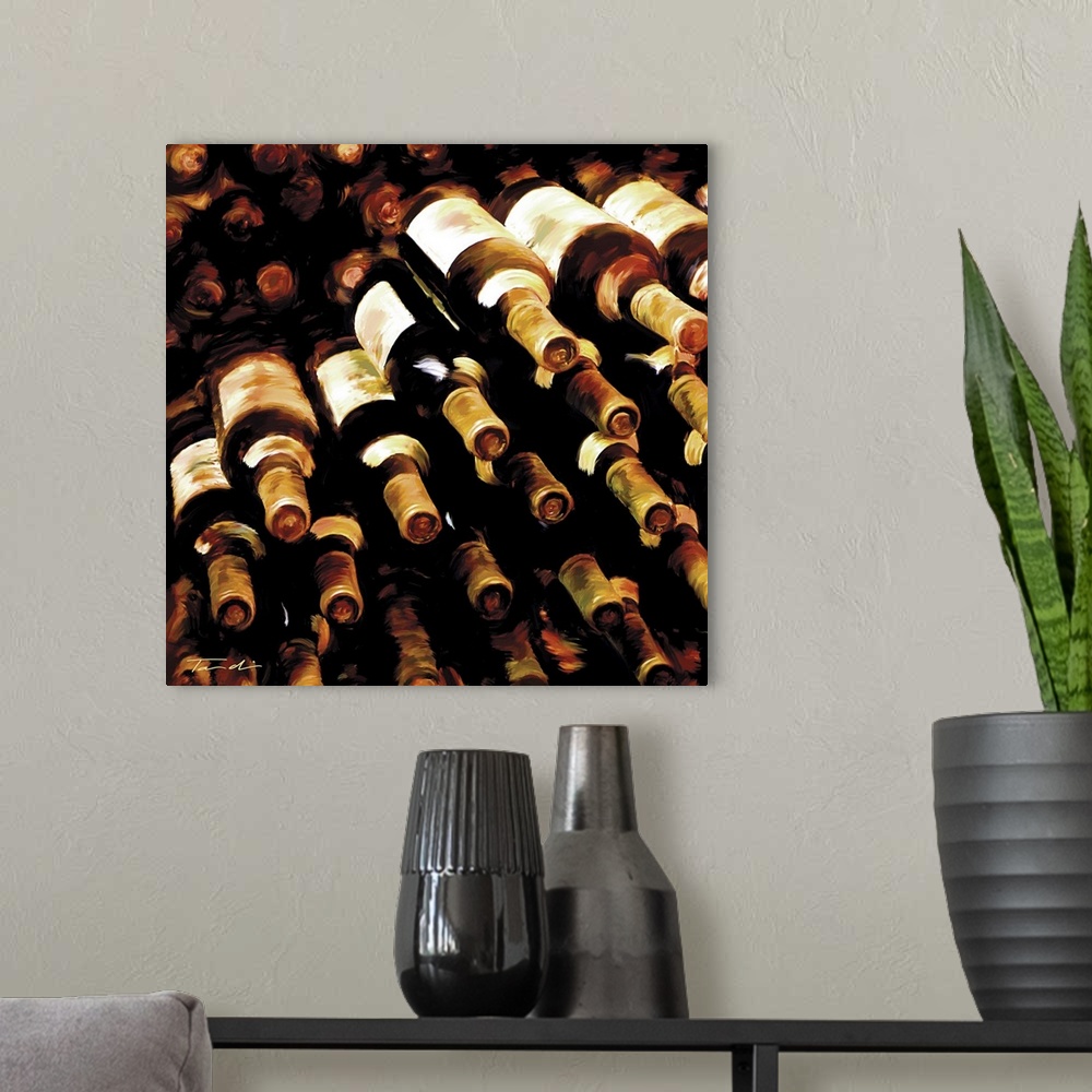 A modern room featuring Square contemporary painting of a stack of wine bottles.
