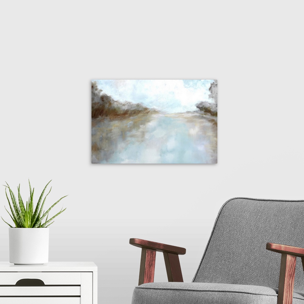 A modern room featuring A contemporary landscape painting of a pond and trees covered in a haze.