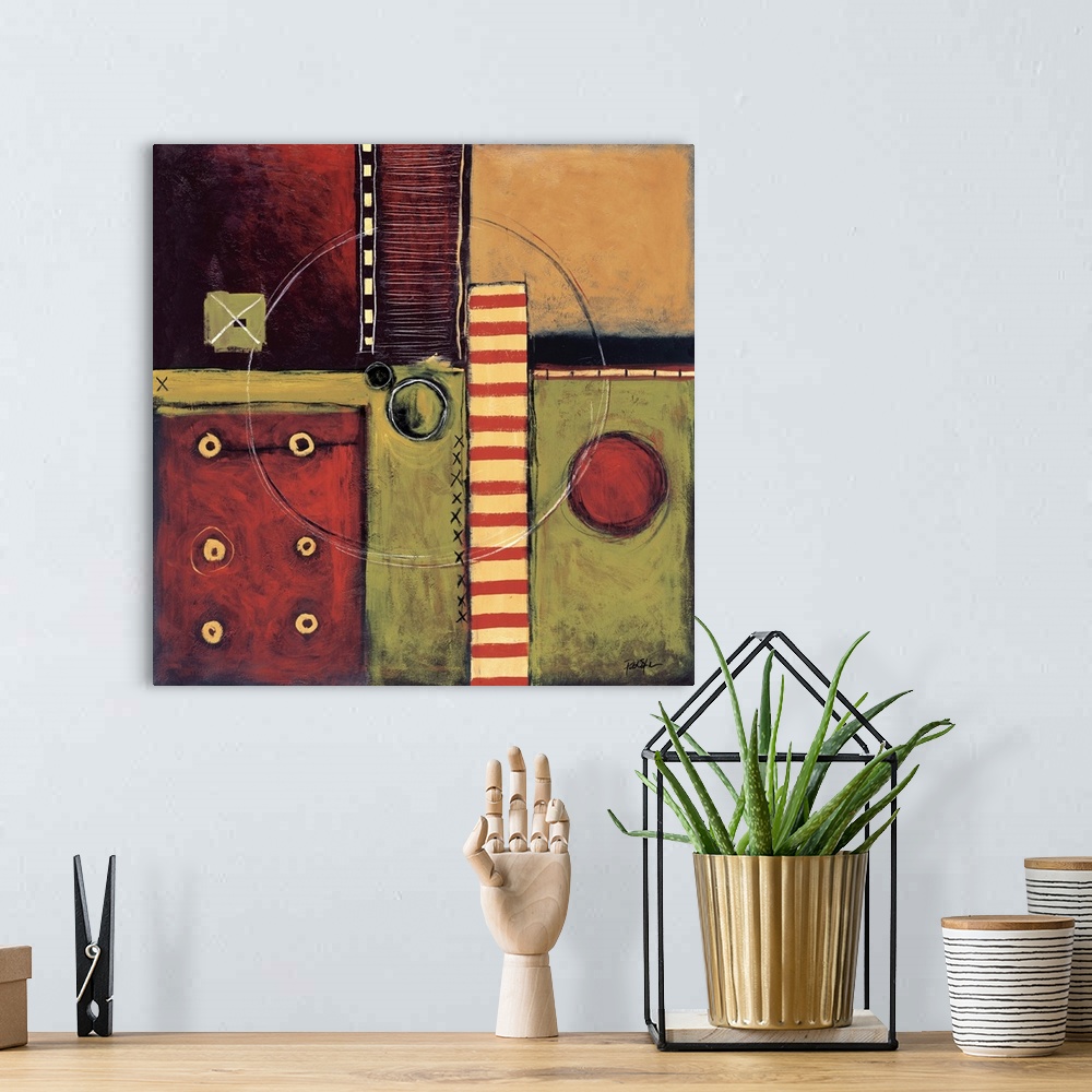 A bohemian room featuring Abstract painting of squared shapes overlapped with circular and "x" elements all done in warm ea...