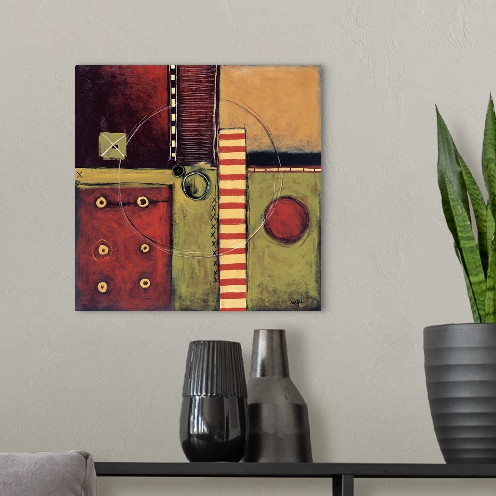 A modern room featuring Abstract painting of squared shapes overlapped with circular and "x" elements all done in warm ea...