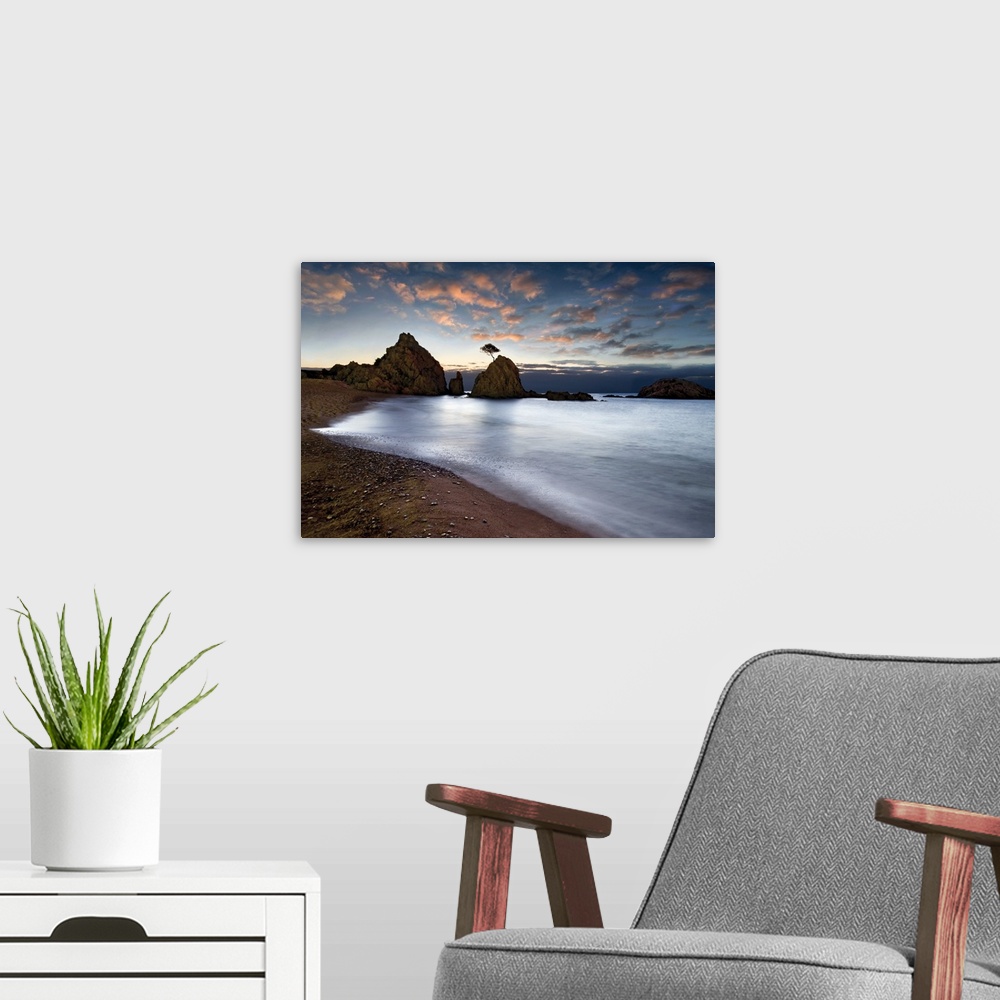 A modern room featuring Photograph of large rocks along a calm seashore with a single tree on top of one of the rocks.