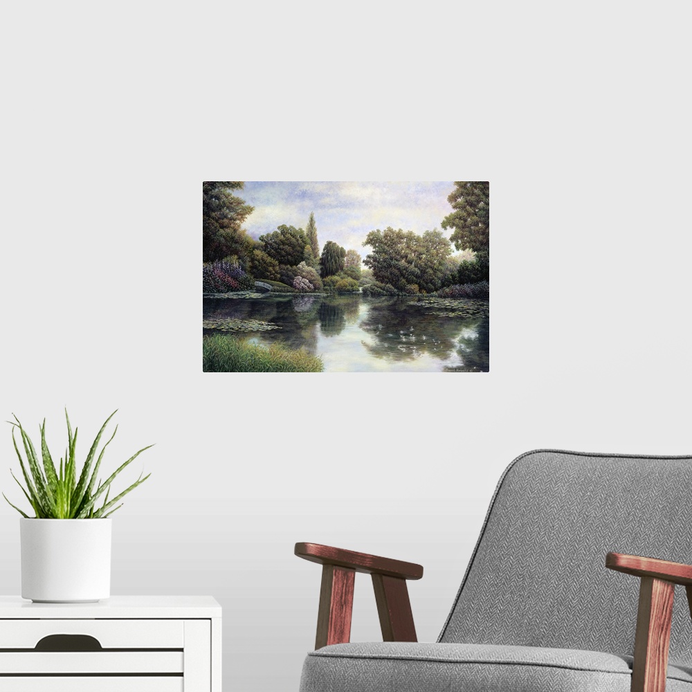 A modern room featuring A traditional landscape of a park reflecting in the pond with a small bridge.