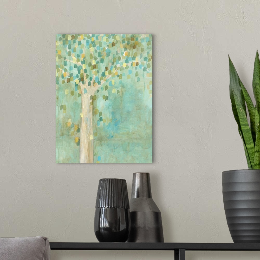 A modern room featuring A contemporary painting of a solo tree full of small leaves in different shades of green.