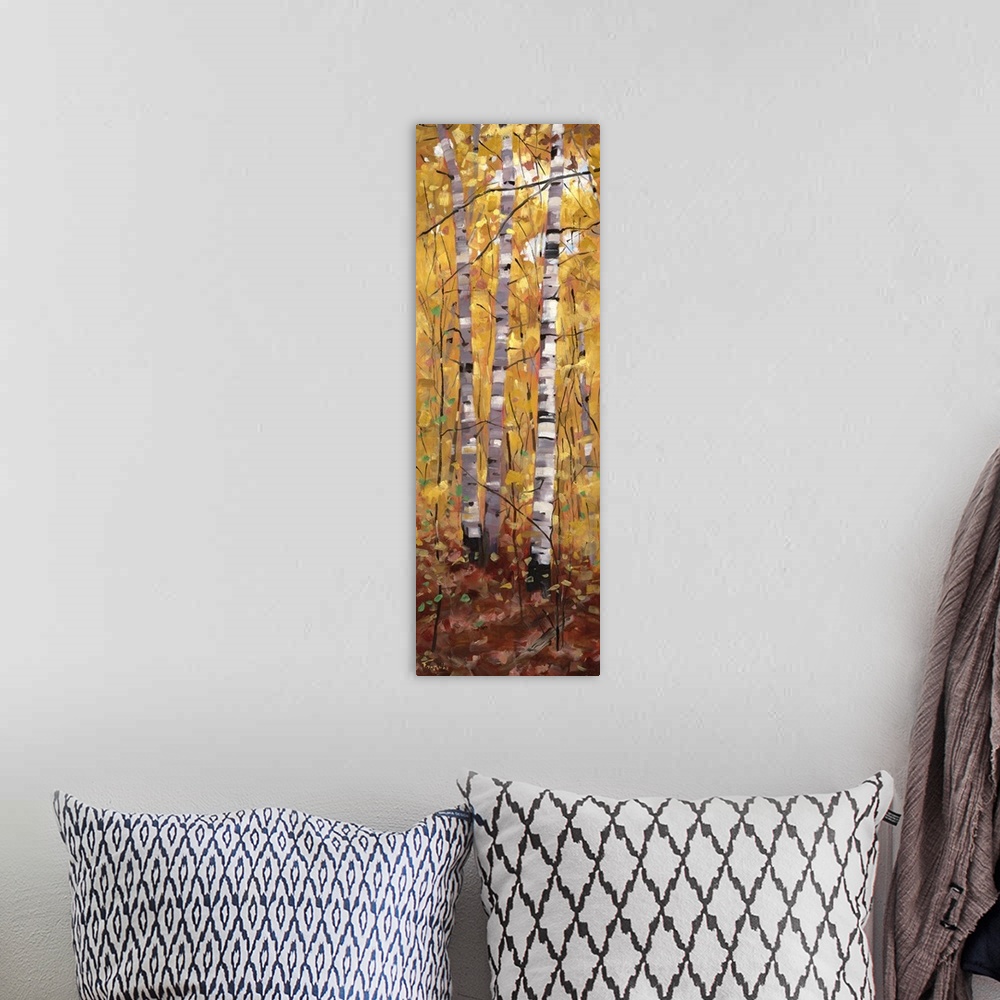 A bohemian room featuring A long vertical painting of trees in the forest in the fall.