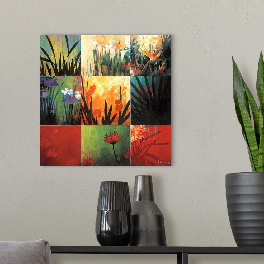 A modern room featuring Square painting of nine images of leaves and flowers in different colors and views.
