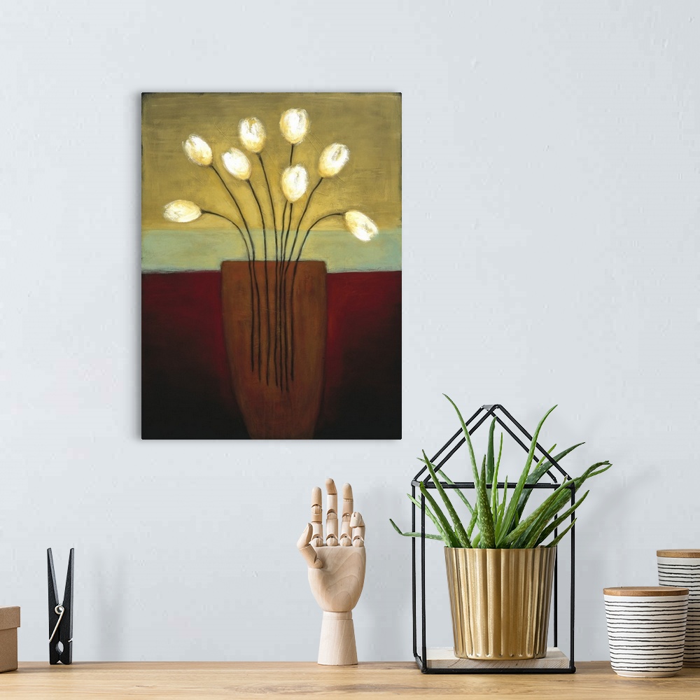 A bohemian room featuring Contemporary painting of white tulips within a vase in deep tones of brown, red and yellow.