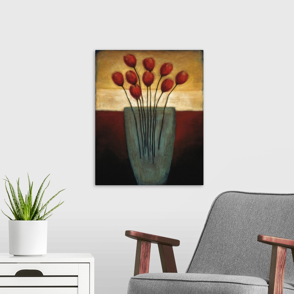 A modern room featuring A modern, refined painting of a large vase of red tulips on a burgundy and yellow backdrop.