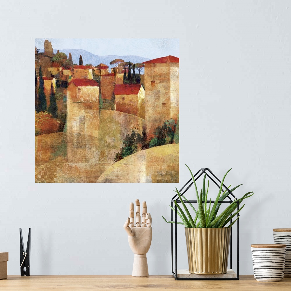 A bohemian room featuring Contemporary artwork of a Tuscan village in the countryside.