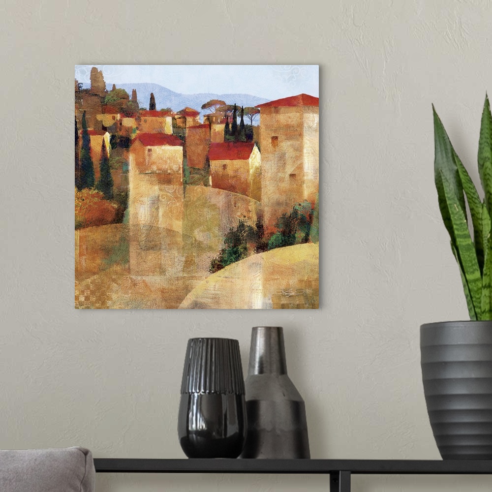 A modern room featuring Contemporary artwork of a Tuscan village in the countryside.