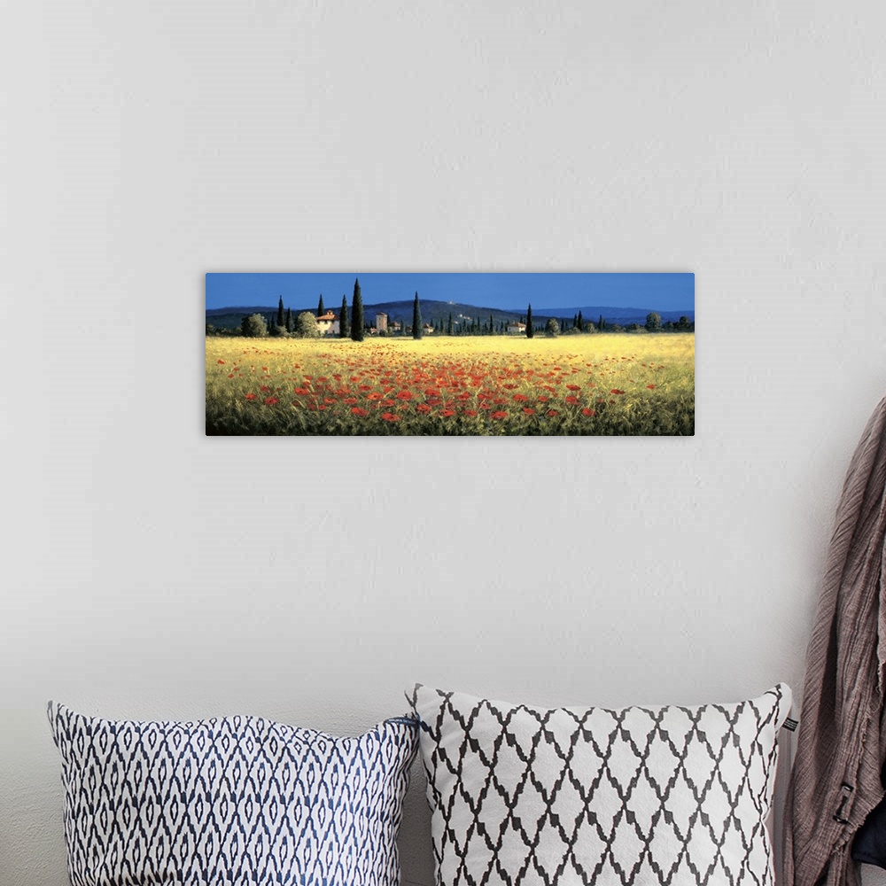 A bohemian room featuring Contemporary artwork of a field of red poppies in Tuscany.