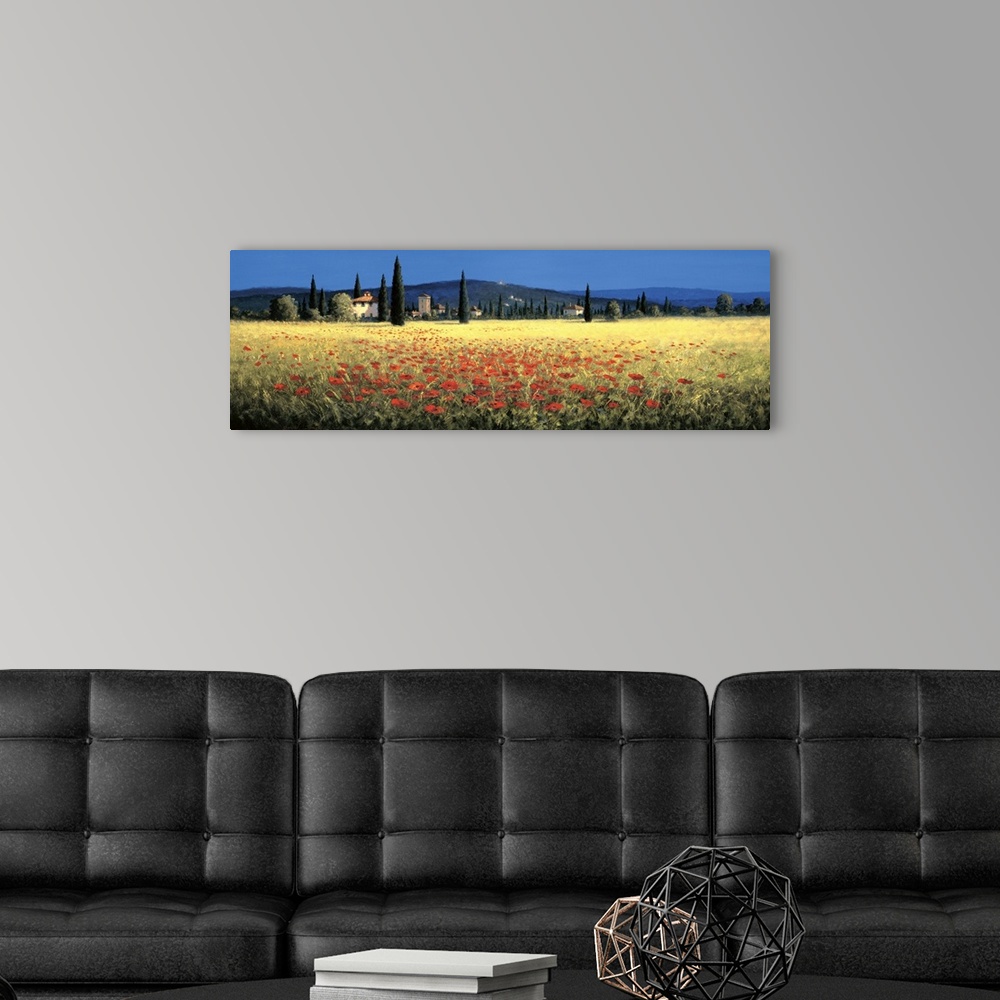 A modern room featuring Contemporary artwork of a field of red poppies in Tuscany.