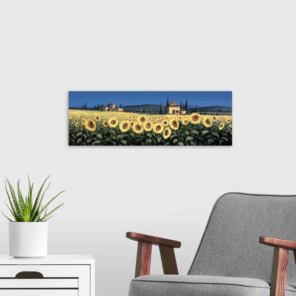 A modern room featuring Contemporary artwork of a field of sunflowers in Tuscany.