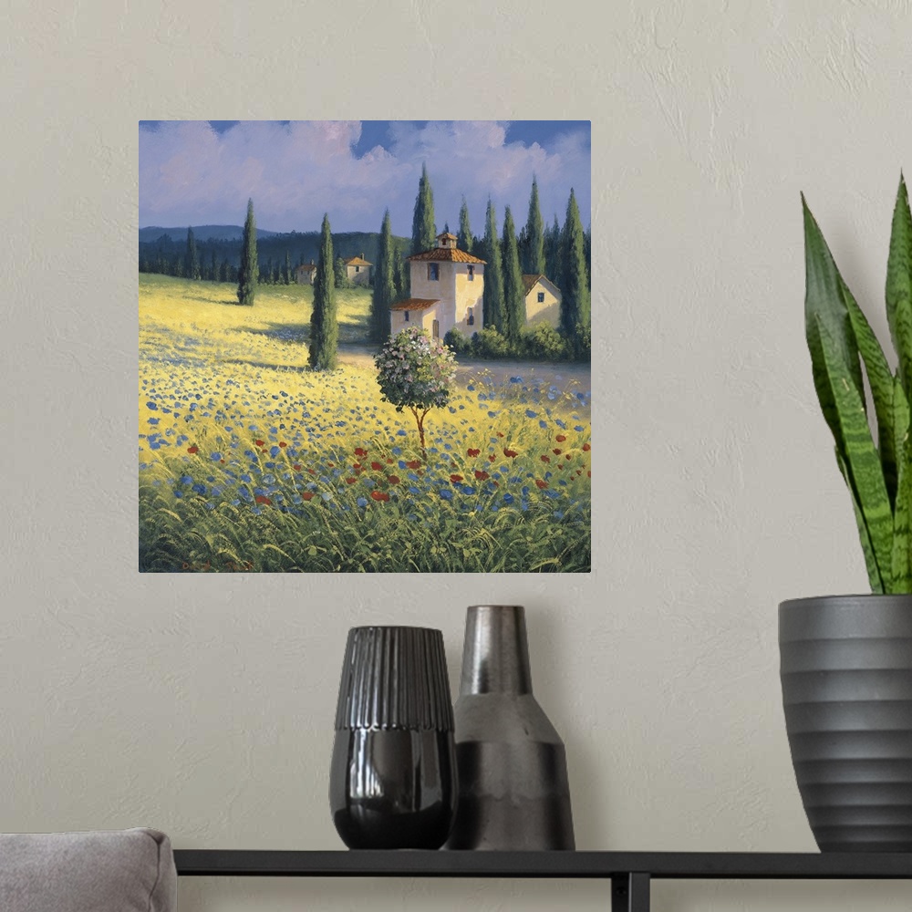 A modern room featuring Landscape painting of a Tuscan hillside with tall cypress trees.
