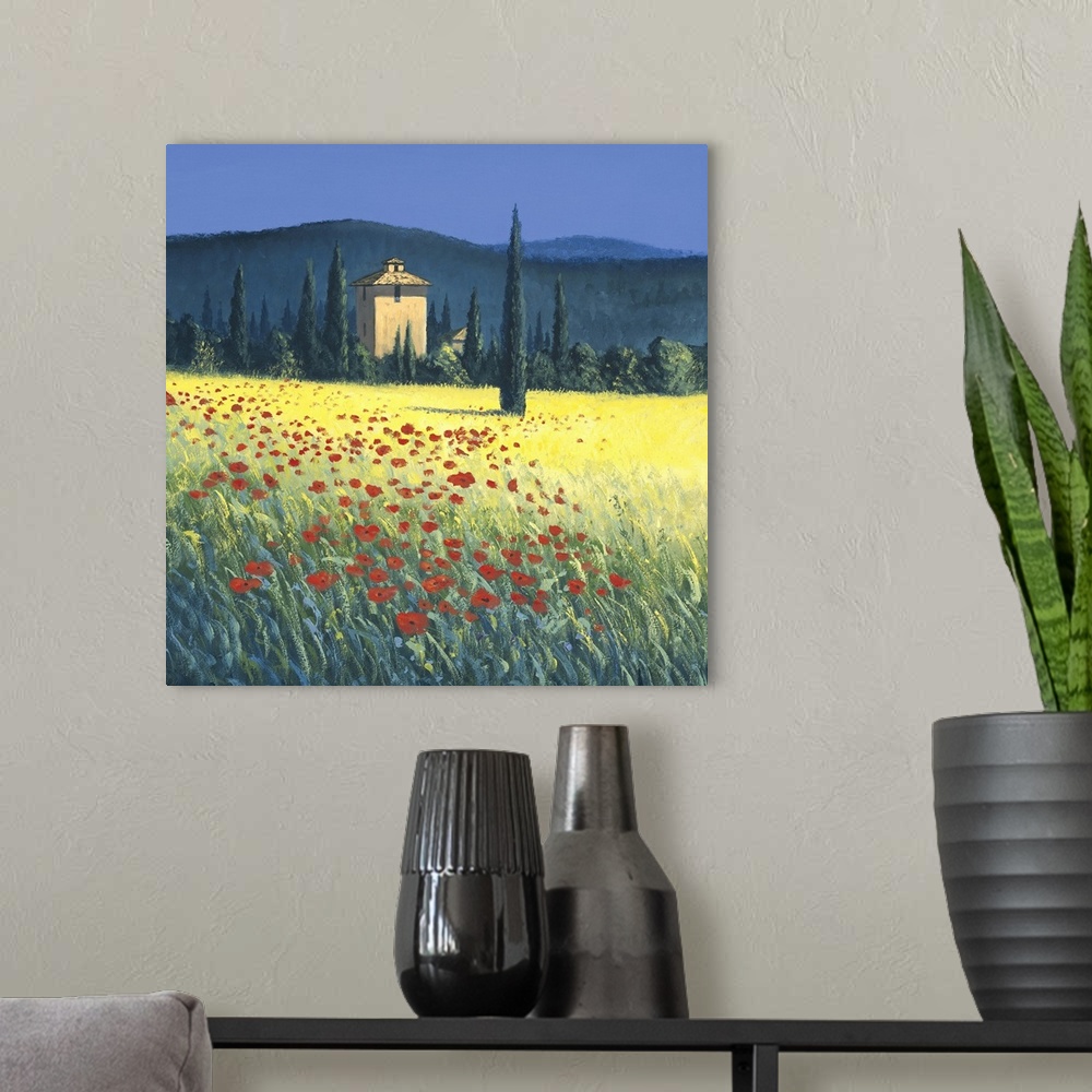 A modern room featuring Landscape painting of a Tuscan hillside with tall cypress trees.
