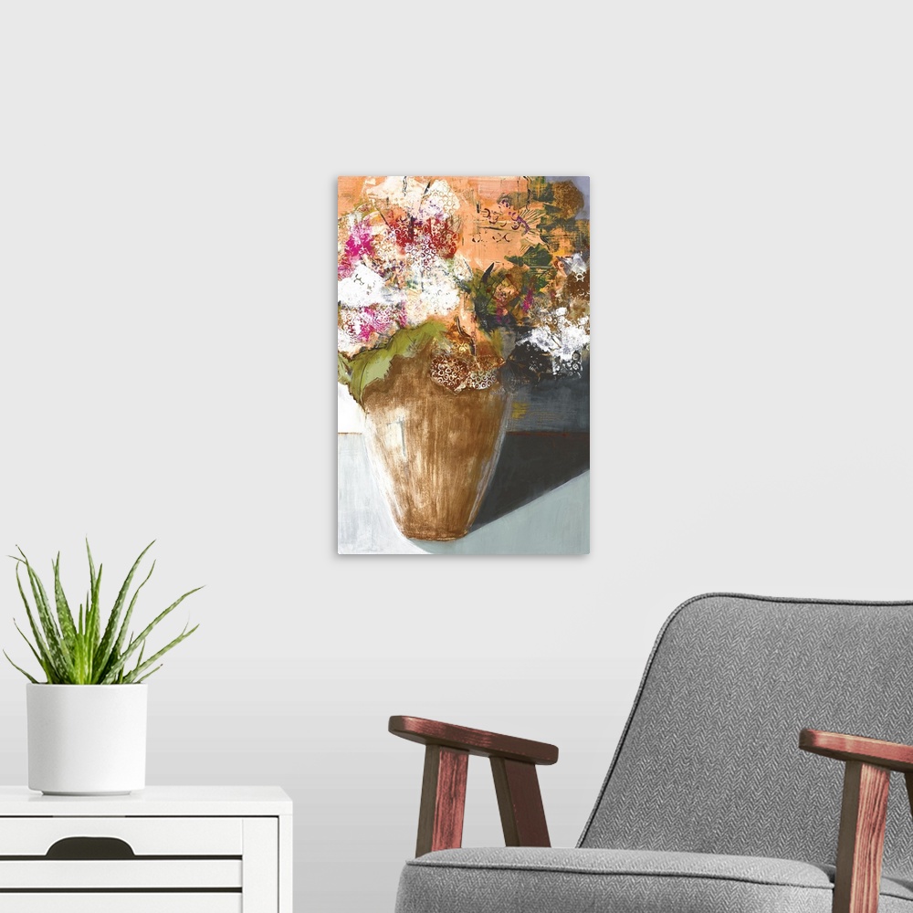 A modern room featuring A modern painting of a vase of flower done in layers of paint with a circular design on the top l...
