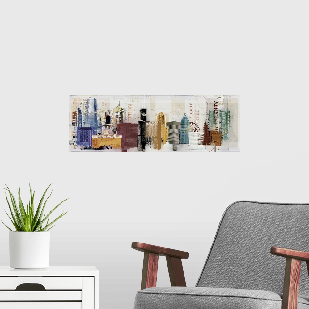 A modern room featuring A panoramic painting of multi-colored skyscrapers with words overlapping.