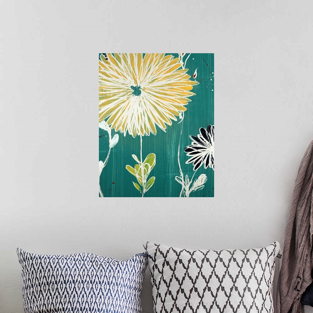 A bohemian room featuring Modern painting of flowers in white, black and yellow against of teal background with vertical st...
