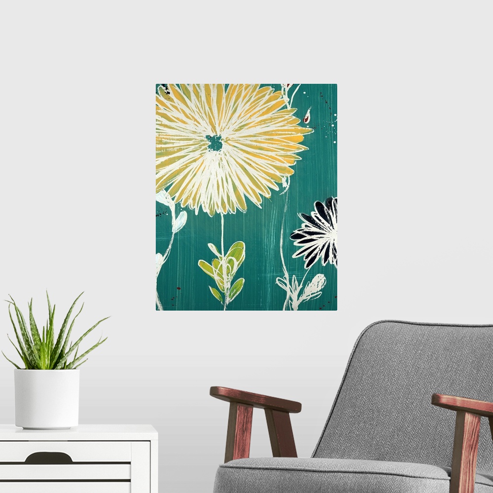 A modern room featuring Modern painting of flowers in white, black and yellow against of teal background with vertical st...