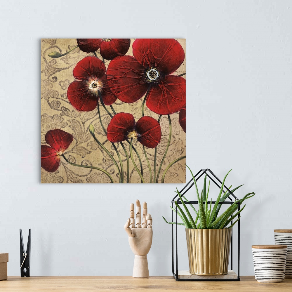 A bohemian room featuring Square painting of a group of red flowers with textured petals against a neutral backdrop with a ...