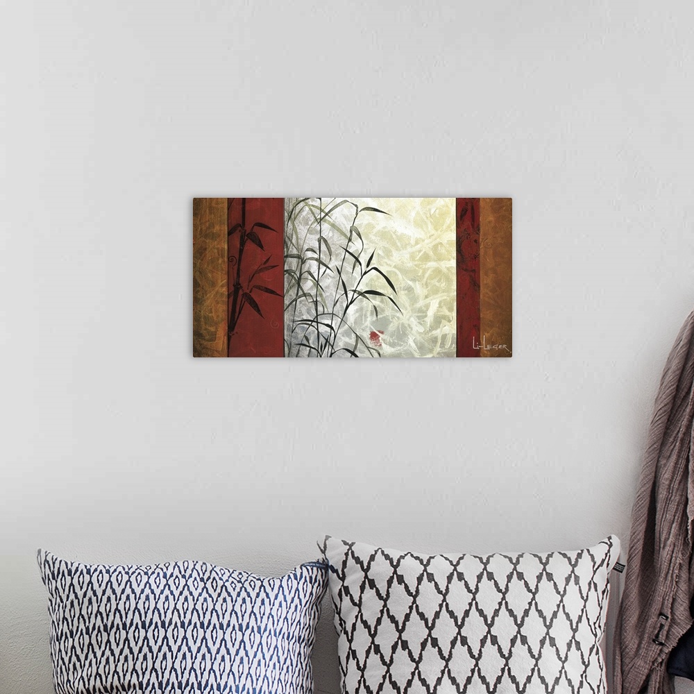 A bohemian room featuring A contemporary painting of bamboo bordered with a paneled design.
