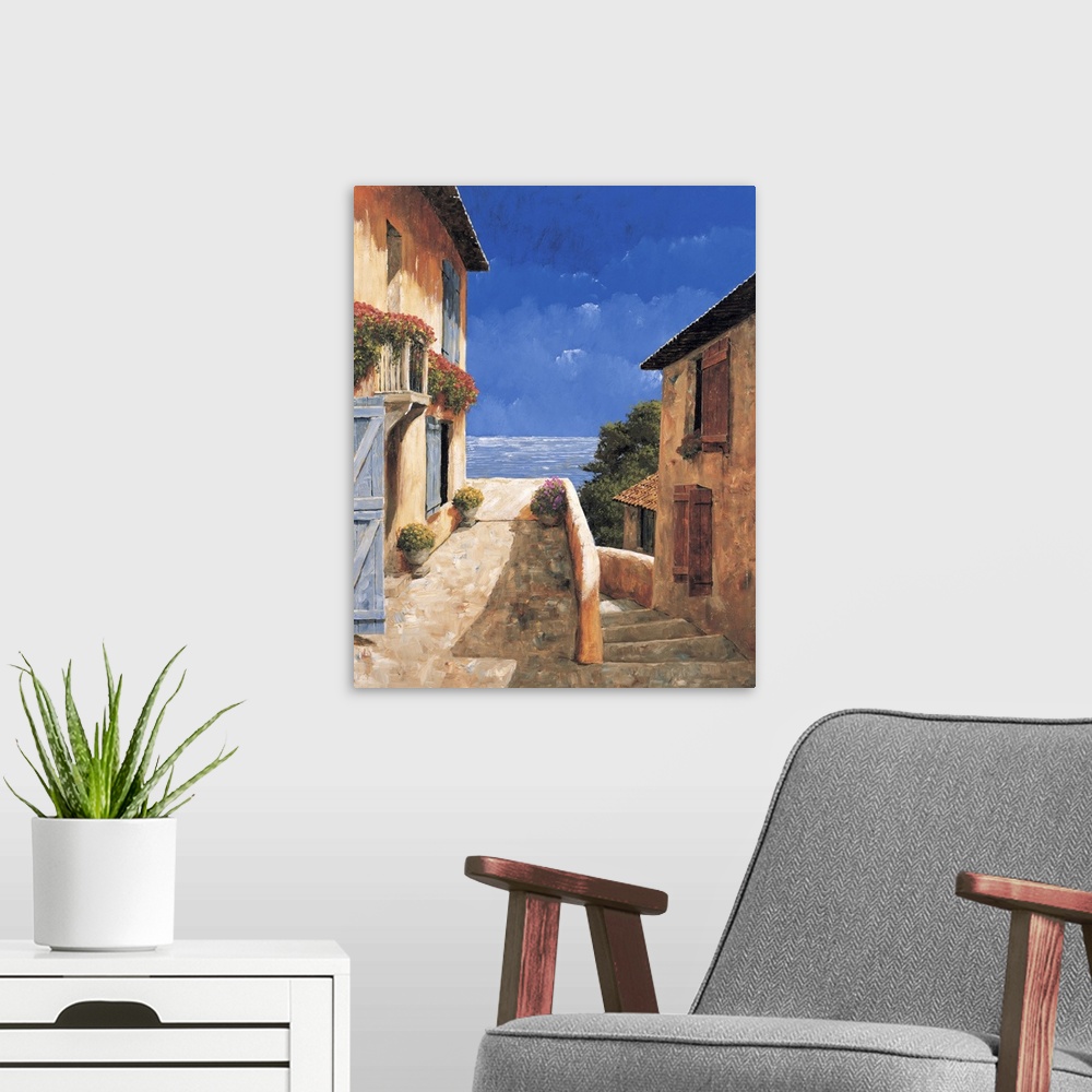 A modern room featuring Painting of a rural village with a view of the ocean.
