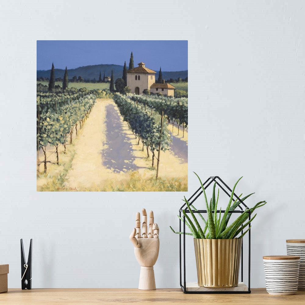 A bohemian room featuring Contemporary artwork of a vineyard in the European countryside.